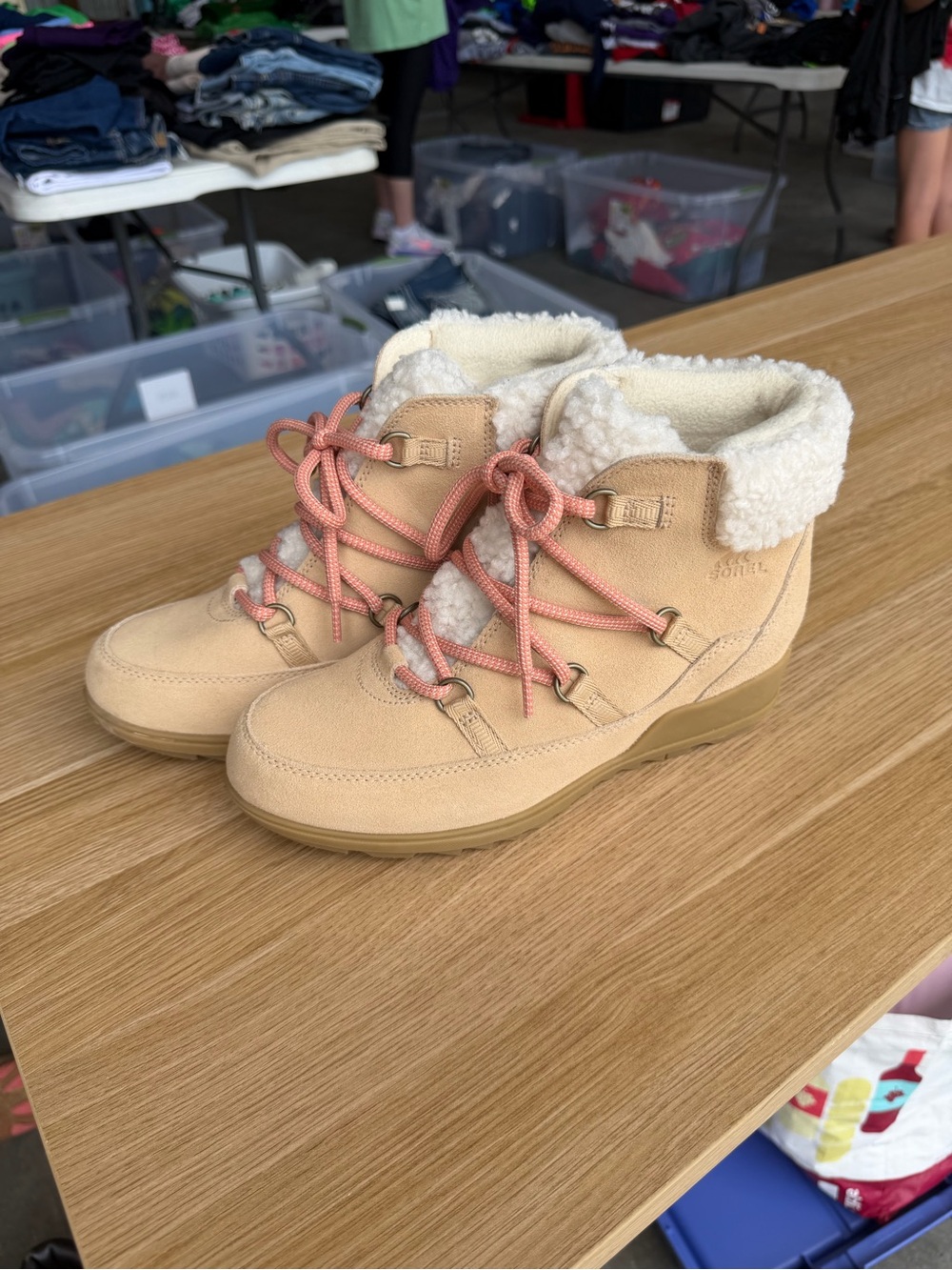 Sorel Beige Suede Shearling Ankle Boots with Pink Laces